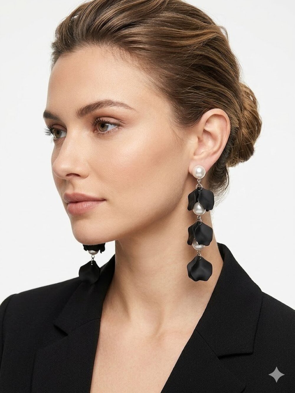 New York & Company Women's Womens Black Faux Pearl Floral Drop Earrings NWT